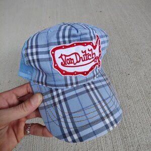 Vintage Y2K 'Von Dutch' powder blue plaid trucker cap